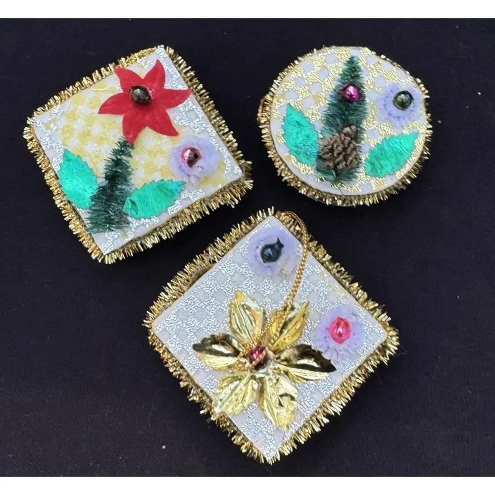3 Vintage Japan Mercury Glass Chenille Tinsel on Foam Foil Ornament -LO2